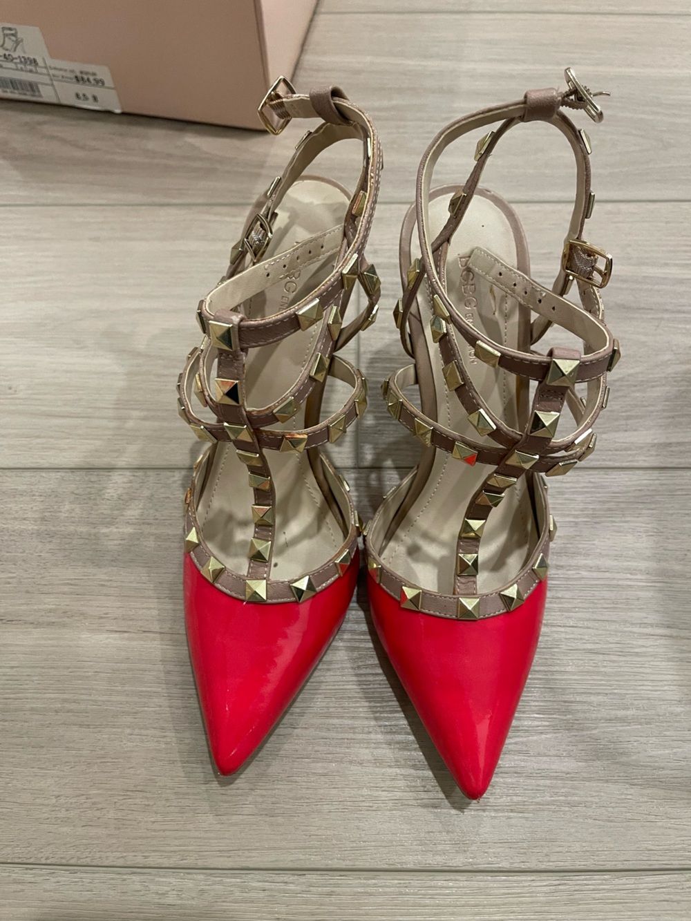 Angel Red Patent Pointed-Toe Studded Strappy Heels